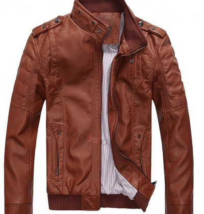Brown Men Biker Leather Jacket Tab Collar Shoulder Epaulets Stretchable Waist