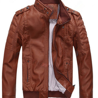 Brown Men Biker Leather Jacket Tab Collar Shoulder Epaulets Stretchable Waist - Thumbnail 4