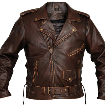 Antique brown men's motorbike jacket with belted waist zipper brando handmade