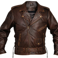 Antique Brown Men's Motorbike Jacket With Belted Waist Zipper Brando Handmade - Thumbnail 1