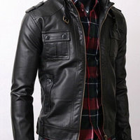 Black Biker Jacket Men Genuine Leather Belted Tab Collar Front Fastening Zipper - Thumbnail 4