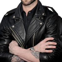 Black Leather Jacket Men Motorbike Brando Shoulder Epaulets Slim Fit Handmade - Thumbnail 4