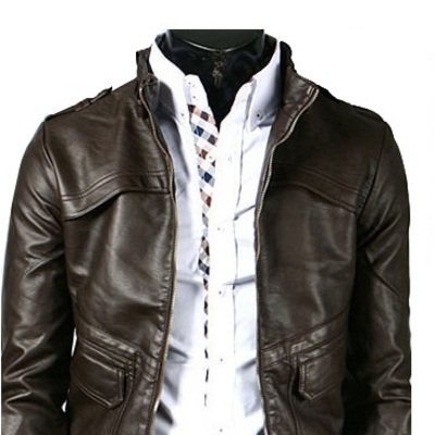 Men biker jacket chocolate brown vintage leather belted collar front zip closure