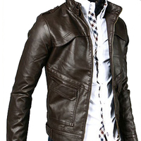 Men Biker Jacket Chocolate Brown Vintage Leather Belted Collar Front Zip Closure - Thumbnail 1