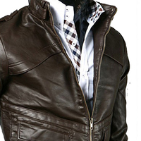 Men Biker Jacket Chocolate Brown Vintage Leather Belted Collar Front Zip Closure - Thumbnail 2