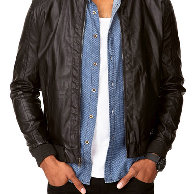 Black fashion jacket with front zipper rib collar stretchable waist and sleeves