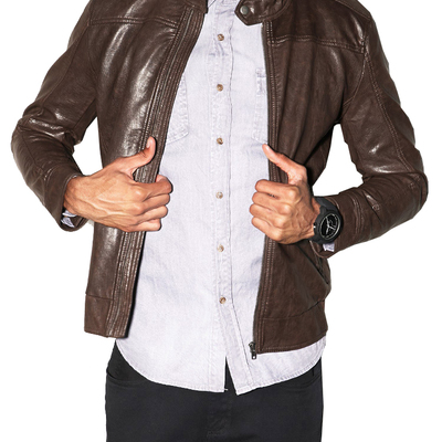 Men's brown biker jacket with real leather tab collar and front fastening zipper
