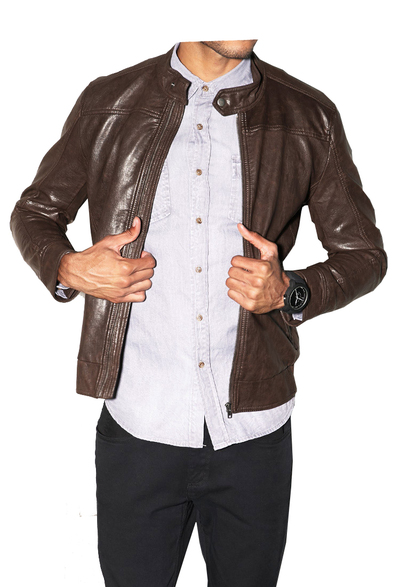Men's Brown Biker Jacket With Real Leather Tab Collar and Front Fastening Zipper