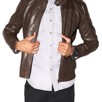 Men's Brown Biker Jacket With Real Leather Tab Collar and Front Fastening Zipper - Thumbnail 1