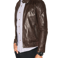 Men's Brown Biker Jacket With Real Leather Tab Collar and Front Fastening Zipper - Thumbnail 4