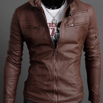 Handmade men brown biker leather jacket with tab collar and fastening zipper