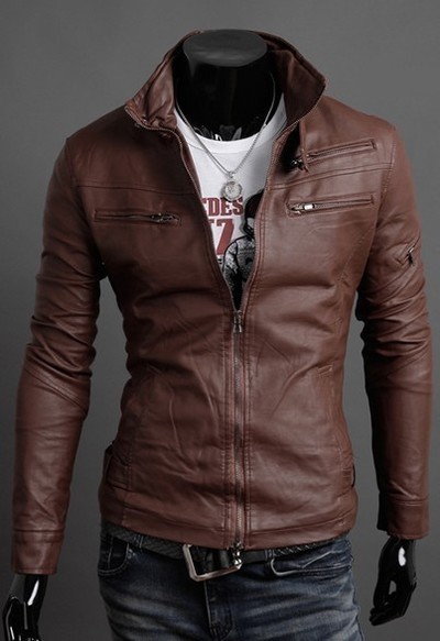 Handmade Men Brown Biker Leather Jacket With Tab Collar and Fastening Zipper