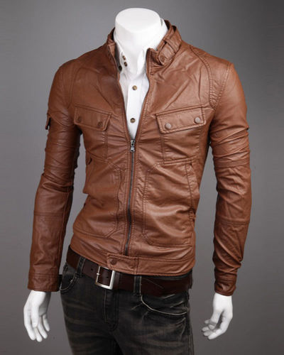Men Brown Biker Leather Jacket With Belted Tab Collar and Front Fastening Zipper