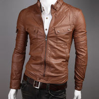 Men Brown Biker Leather Jacket With Belted Tab Collar and Front Fastening Zipper - Thumbnail 4