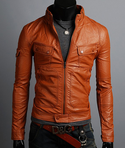 Brown Leather Jacket Men Trendy Fashion Tab Collar Two Pockets and Front Zipper