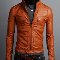 Brown Leather Jacket Men Trendy Fashion Tab Collar Two Pockets and Front Zipper - Thumbnail 1