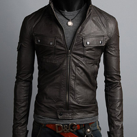 Classic Men Jacket Black Leather Belted Tab Collar Two Pockets and Front Zipper - Thumbnail 1