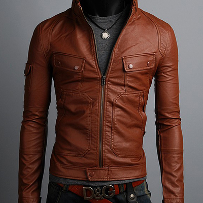 Luxury men jacket brown leather belted tab collar two pockets and front zipper