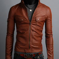 Luxury Men Jacket Brown Leather Belted Tab Collar Two Pockets and Front Zipper - Thumbnail 4