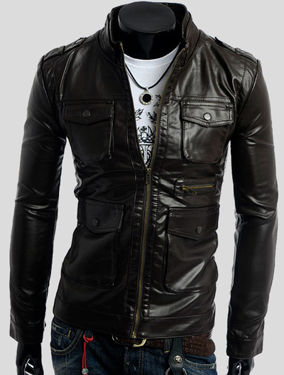 Black Fashion Leather Jacket With Four Pockets Front Zipper Shoulder Epaulets