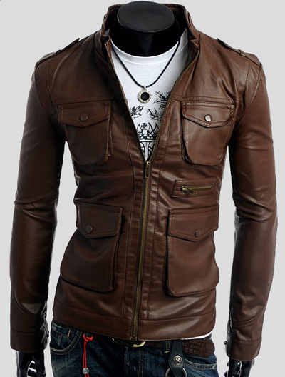 Brown Fashion Jacket With Leather Four Pockets Front Zipper Shoulder Epaulets
