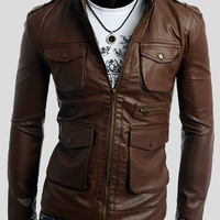 Brown Fashion Jacket With Leather Four Pockets Front Zipper Shoulder Epaulets - Thumbnail 4