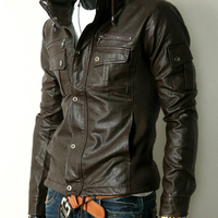 Luxury Brown Biker Jacket Men Leather With Front Buttons Zip Closure Pockets - Thumbnail 1