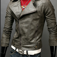 Gray Men Leather Jacket Biker Brando Shoulder Epaulets Tab Collar Slim Fit - Thumbnail 4