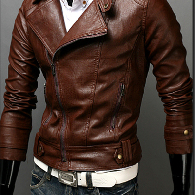 Men motorbike brown leather jacket brando shoulder epaulets tab collar slim fit