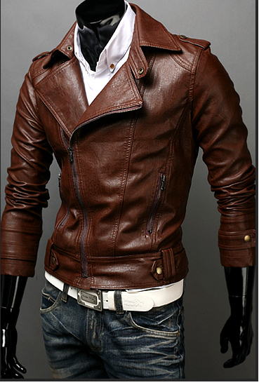 Men Motorbike Brown Leather Jacket Brando Shoulder Epaulets Tab Collar Slim Fit