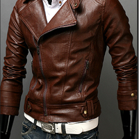 Men Motorbike Brown Leather Jacket Brando Shoulder Epaulets Tab Collar Slim Fit - Thumbnail 1