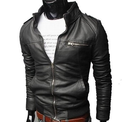 Customize black biker jacket men leather stretchable waist front zipper pockets