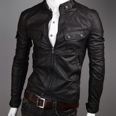Black men leather biker jacket with tab collar front zipper adjustable waist