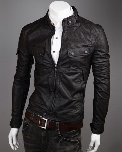 Black Men Leather Biker Jacket With Tab Collar Front Zipper Adjustable Waist
