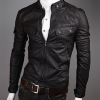 Black Men Leather Biker Jacket With Tab Collar Front Zipper Adjustable Waist - Thumbnail 4