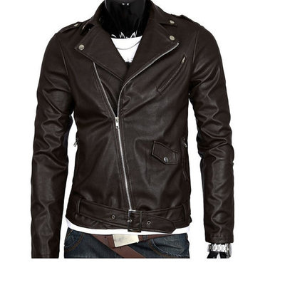 Chocolate brown men biker leather jacket brando shoulder epaulets belted waist
