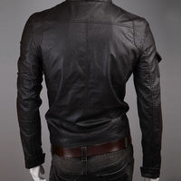 Black Men Leather Biker Jacket With Tab Collar Front Zipper Adjustable Waist - Thumbnail 1