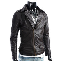 Men Chocolate Brown Biker Leather Jacket Brando Shoulder Epaulets Side Buckle - Thumbnail 4