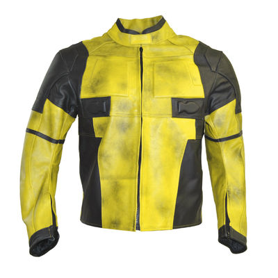 Two Tone Dead Pool Black Yellow Movie Motorbike Real Leather Safety Pads Jacket