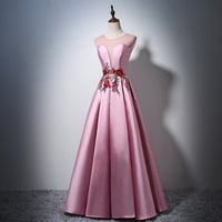 Pink satin lace prom dress evening dress - Thumbnail 3