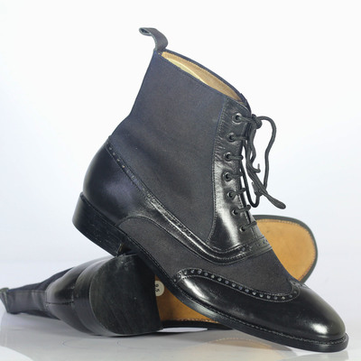 Men's black ankle wing tip leather dress formal boot - Thumbnail 3