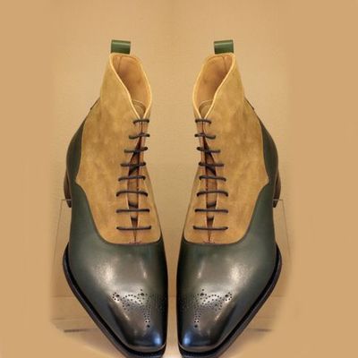 Men grey beige oxford ankle high boot in suede leather - Thumbnail 2