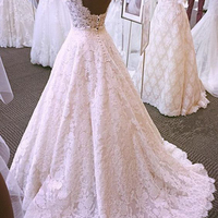 Elegant A Line Lace Open Back Wedding Dresses with Buttons - Thumbnail 1