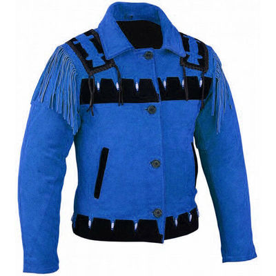 Men's two tone blue black western suede leather bone fringed handmade jacket