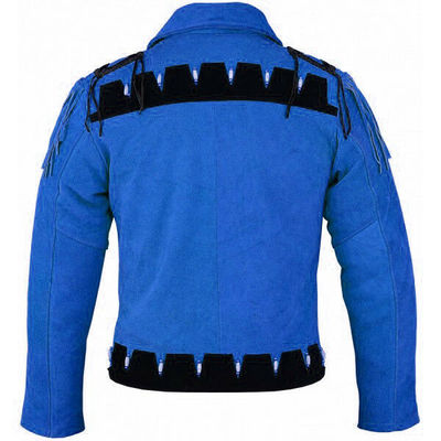 Men's Two Tone Blue Black Western Suede Leather Bone Fringed Handmade Jacket