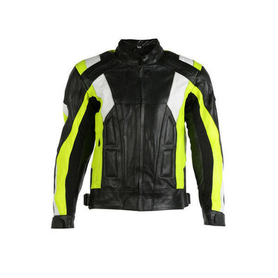 Men Three Tone Black Yellow White Motorcycle Genuine Leather Safety Pads jacket