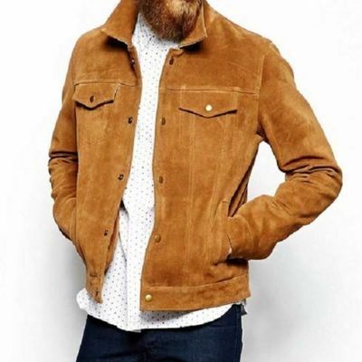 Men tan color western genuine suede leather front button closure handmade jacket