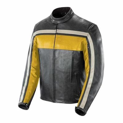 Men Gray Color Motorbike White Yellow Stripes Genuine Leather Safety Pads jacket