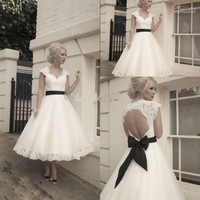 Tea Length Vintage Wedding Dresses with Black sash - Thumbnail 1