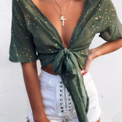 V-neck lace five-pointed star top